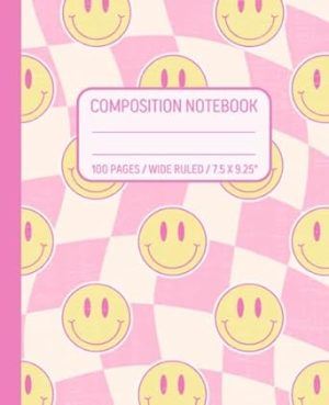Composition Notebook Wide Ruled: Pink Checkered Happy Face Y2K Aesthetic Journal For Classroom or Office | Preppy School Supplies For Teen Girls