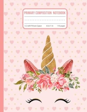 Primary Composition Notebook k-2 with Picture Space: Cute Pink Unicorn Primary Story Journal Grades k-2 Dotted Midline with drawing space on top the ... Handwriting Practice Paper for girls 8.5x11