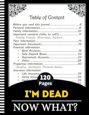 I'm Dead Now What?: End of Life Planner , a record of important facts about my possessions, business affairs, and wishes, and more