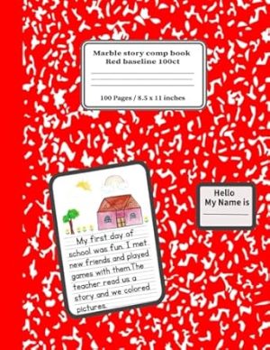 Marble story comp book Red baseline 100ct: Primary Story Journal with Dotted Midline and Picture Space, Handwriting Paper, Half Ruled Sheets, Marble Cover, 8.5 x 11 In, 100 Pages, Grade K-2